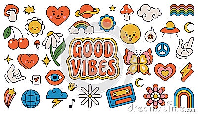 Retro 70s groovy elements, cute funky hippy stickers. Cartoon daisy flowers, mushrooms, peace sign, heart, rainbow Vector Illustration