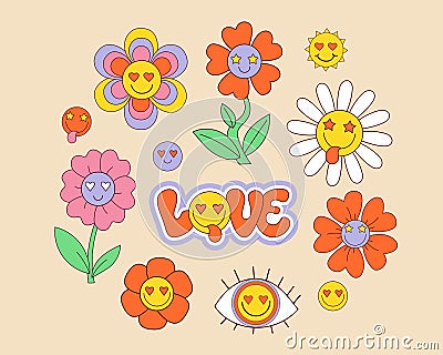 Retro 70s groovy elements, cute funky hippy stickers. Cartoon daisy flowers, sun, eye, faces emoji, hippie sticker Vector Illustration
