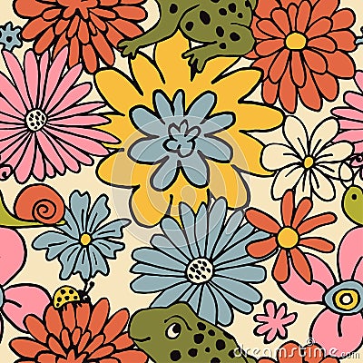 Retro 70s hippie vibrant summer seamless pattern. Floral print. Vector Illustration