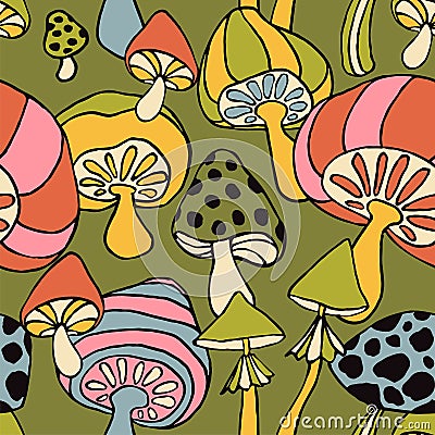 Retro 70s hippie vibrant summer seamless pattern. Mushroom print. Vector Illustration