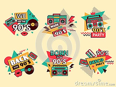 Retro 90s labels. Colored badges vintage old school style fashion elements musical boombox for pop music 80s abstract Vector Illustration