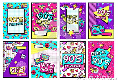 Retro 90s poster. Nineties forever, funky 1990s music night party posters and pop flyer card vector set Vector Illustration