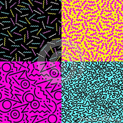 Retro 80s seamless pattern background set Vector Illustration