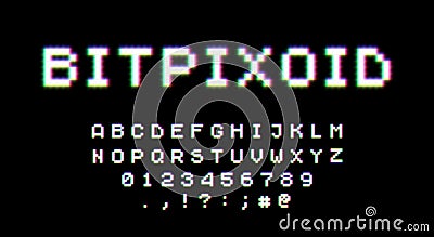 Retro 80s styled typeface with neon glow. Pixel video game 8bit font. Set of retro style latin capital letters, numbers Vector Illustration
