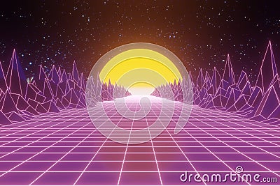 Retro 80s videogame tunnel background with mountains and sun 8bit depth of field Stock Photo