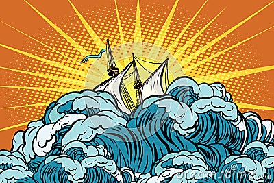 Retro sailing ship sinks in stormy waves Vector Illustration