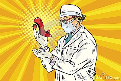 Retro scientist explores a broken heel in womens shoes Vector Illustration