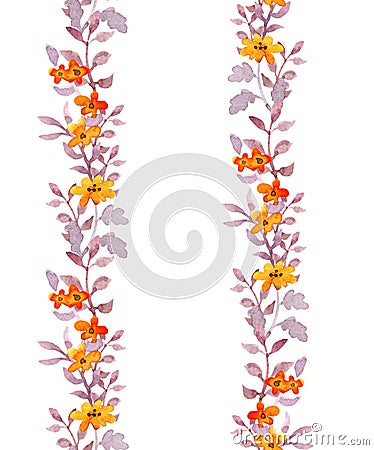 Retro seamless naive floral frame strip. Vintage cute flowers and leaves. Watercolour Stock Photo