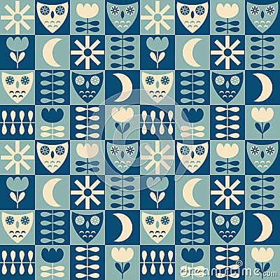 Retro seamless pattern with owls, sun and moon. Geometric checkered print for tee, paper, textile and fabric. Floral background Stock Photo