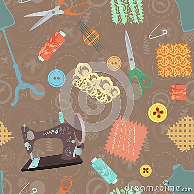 Retro seamless pattern with sewing accessories Vector Illustration