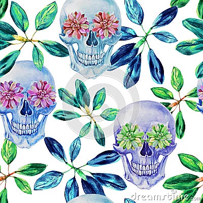Retro seamless pattern watercolor skull and succulent plants. Vector Illustration