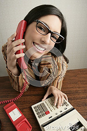 Retro secretary wide angle humor telephone woman Stock Photo