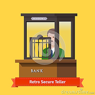 Retro secure caged teller window Vector Illustration