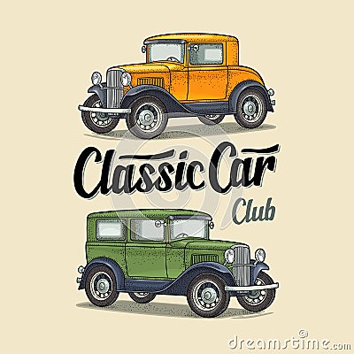Retro sedan. Side view. Classic Car Club lettering. Engraving Vector Illustration