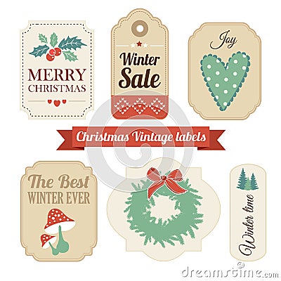 Retro set of christmas vintage gift, sale labels,tags Cartoon Illustration