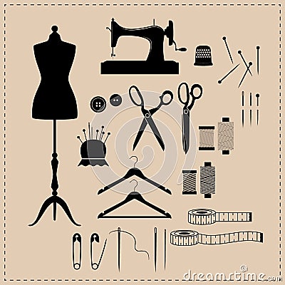 Retro sewing kit icon set. Black vintage sewing kit icons. Vector Illustration