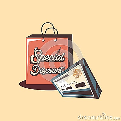 Retro shopping bag special discount bank check Vector Illustration
