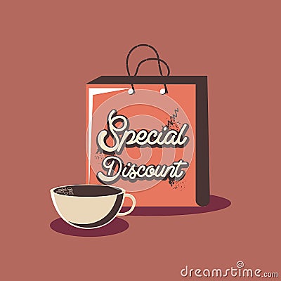 Retro shopping handbag special discount coffee cup Vector Illustration
