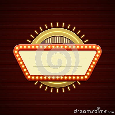 Retro Showtime Sign Design. Cinema Signage Light Bulbs Frame and Neon Lamps on brick wall background. Vector Illustration