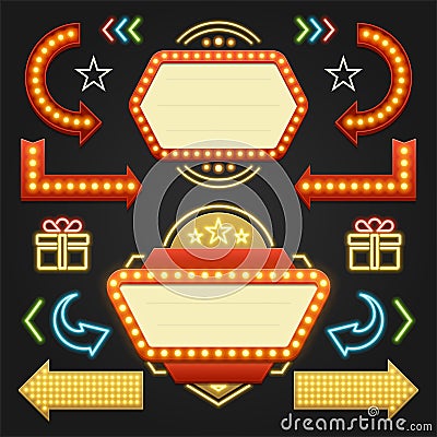 Retro Showtime Signs Design Elements Set. Bright Billboard Signage Light Bulbs Vector Illustration