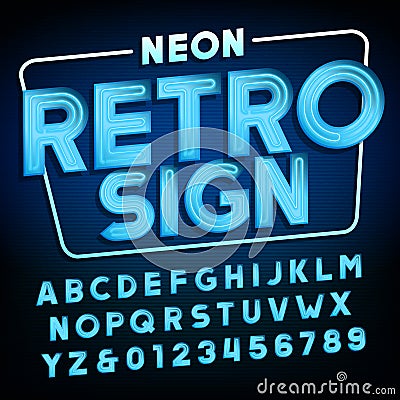 Retro sign alphabet. Blue neon tube type letters and numbers. Vector Illustration