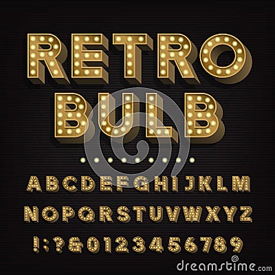 Retro sign alphabet. 3D vintage light bulb type letters and numbers. Vector Illustration