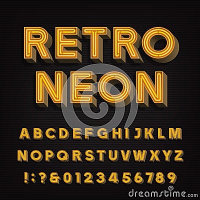 Retro sign alphabet. 3D vintage neon letters and numbers. Signboard font. Vector Illustration