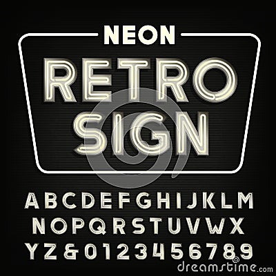 Retro sign alphabet. Vintage neon tube type letters and numbers. Vector Illustration