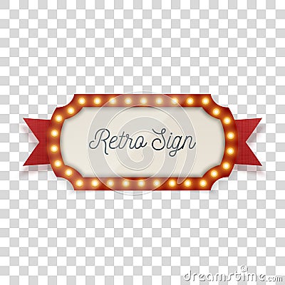 Retro Sign with Light Bulbs and Ribbon Vector Illustration