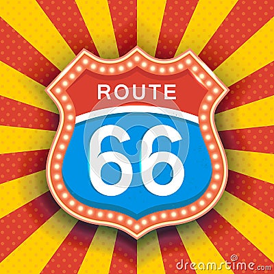 Retro Signboard with Light Text of Route Sixty Six Cartoon Illustration