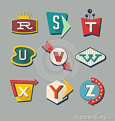 Retro signs alphabet. Letters on vintage style signs Vector Illustration