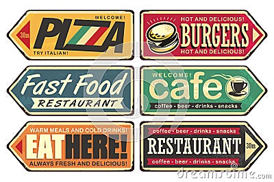 Vintage sign posts set for cafe, pizza, burger and fast food restaurant Vector Illustration
