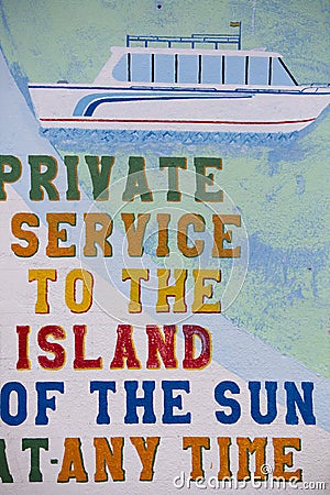 Retro signs for local ferry services, Titicaca lake, Bolivia Editorial Stock Photo