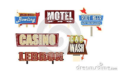 Retro Signs and Pointers Collection, Vintage Billboards, Signboards, Light Banners Vector Illustration Vector Illustration