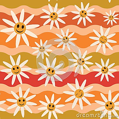 Retro Smiling daisy flowers on retro 70s waves seamless pattern. Vector Illustration
