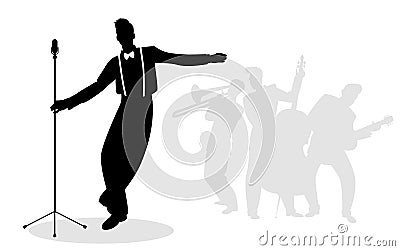 Retro singer `crooner` silhouette with musicians in the backgrou Vector Illustration