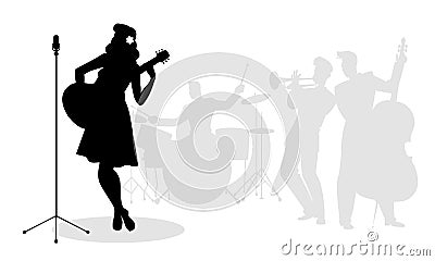 Retro singer woman guitarist silhouette with musicians Vector Illustration