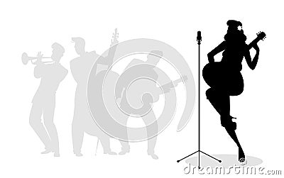 Retro singer woman guitarist silhouette with musicians Vector Illustration