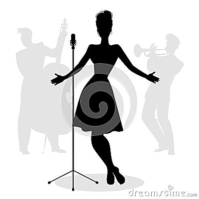 Retro singer woman silhouette with musicians in the background Vector Illustration