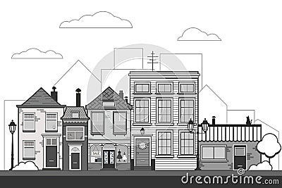 Retro sity. Town street flat vector with low-rise houses, commercial, public buildings in various architecture styles Vector Illustration