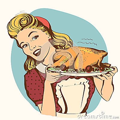 Retro smiling housewife cooks roasted turkey in the kitchen.Vect Vector Illustration