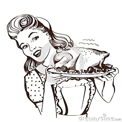 Retro smiling housewife cooks roasted turkey in the kitchen Vector Illustration