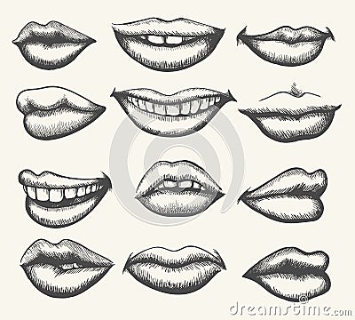 Retro smiling and kissing mouth set Vector Illustration