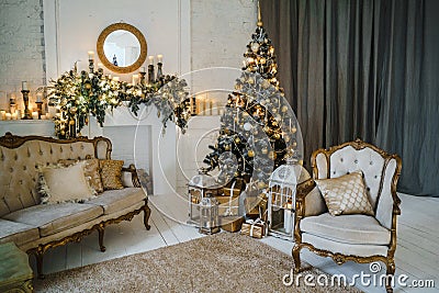 Retro sofa. Chair. Christmas tree and fireplace Stock Photo
