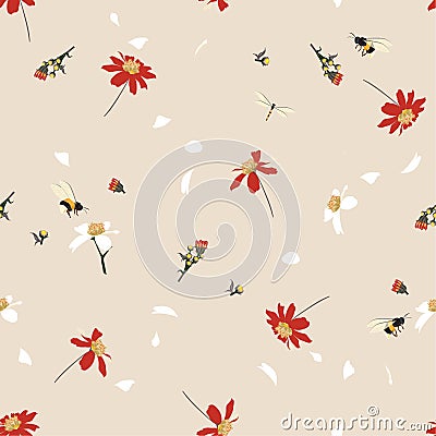 Retro Soft and gentle pretty daisy floral print blowing in the wind design with bumble bees seamless pattern in vector for Stock Photo