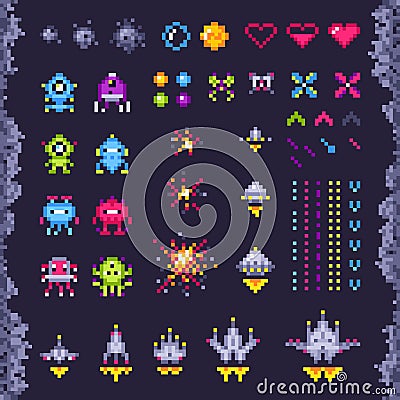 Retro space arcade game. Invaders spaceship, pixel invader monster and retro video games pixel art isolated objects Vector Illustration