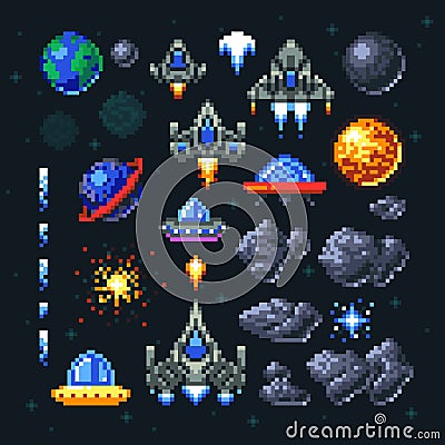 Retro space arcade game pixel elements. Invaders, spaceships, planets and ufo vector set Vector Illustration