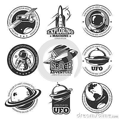 Retro space, astronaut, astronomy, spaceship shuttle vector labels, logos, badges, emblems Vector Illustration