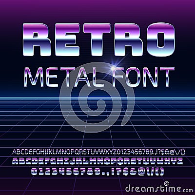 Retro space metal vector font. Metallica futuristic chrome letters and numbers in 80s vintage style Vector Illustration