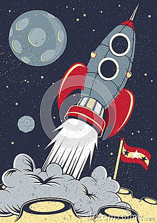 Retro Space Rocket Lifts Off Vector Illustration